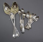 Five George V silver coffee spoons, three William IV / Victorian mustard spoons and two George III