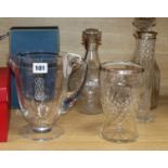 A Lalique 'Guebwiller' lemonade jug and six other glass items, comprising a cut and engraved bulbous