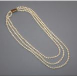 A triple strand cultured pearl necklace with engraved yellow metal clasp, 50cm.