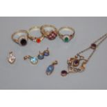 Four assorted gem set rings including three 9ct gold, three pendants and a pair of ear studs.