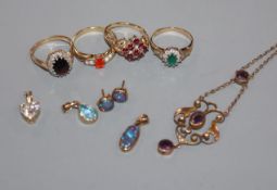 Four assorted gem set rings including three 9ct gold, three pendants and a pair of ear studs.