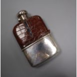 A George V silver and leather mounted glass hip flask, Chester, 1913, 15.1cm.