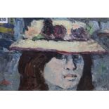 Rene Galant, oil on canvas, Young girl wearing a flowered hat, signed verso, 24 x 35cm, unframed