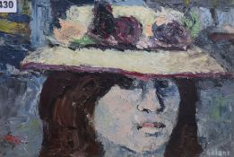 Rene Galant, oil on canvas, Young girl wearing a flowered hat, signed verso, 24 x 35cm, unframed