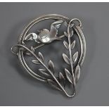 A Danish Georg Jensen sterling 'songbird and foliage' circular brooch, no.258, 39mm.