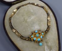 A cased Victorian yellow metal and turquoise pendant, (now converted to a bracelet) and one