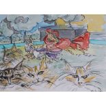 A.P. Kistis, ink and watercolour, Cats and figures in a landscape, signed and dated 2007, 22 x 30cm