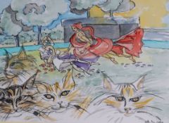 A.P. Kistis, ink and watercolour, Cats and figures in a landscape, signed and dated 2007, 22 x 30cm