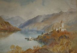 Richard Henry Wright, (1857-1930), watercolour landscape: Spietz, Switzerland, Castle on Lake Thun