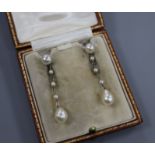 A pair of early 20th century white metal and cultured pearl? drop earrings, 44mm.