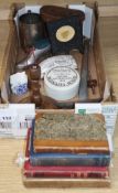 A quantity of mixed collectables including a Scottish laburnum candlestick, a leather cased pair