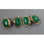 A pair of 9ct gold mounted malachite oval cufflinks.