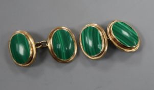 A pair of 9ct gold mounted malachite oval cufflinks.