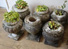 Six carved marble urns (three pairs) Tallest 30cm