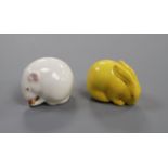 A Royal Worcester figure of a yellow rabbit and another of a white mouse, early 20th century, H. 3.