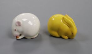 A Royal Worcester figure of a yellow rabbit and another of a white mouse, early 20th century, H. 3.