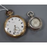 A George V silver sovereign case, Birmingham, 1913 and a gold plated pocket watch.