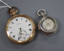 A George V silver sovereign case, Birmingham, 1913 and a gold plated pocket watch.