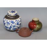 A Chinese squat baluster vase, crackle-glazed in green and red, a blue and white ginger jar and