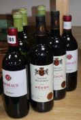 Three bottles of Cotes de Gascogne and two Chateau Bellgrave and three Bordeaux Fontagnac