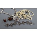 A white metal locket on chain, an Iona white metal bracelet, a brooch, a ring and two pearl