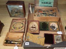 Mixed collectables, including a taxidermic Goldcrest, a cased pocket microscope, a boxed game of