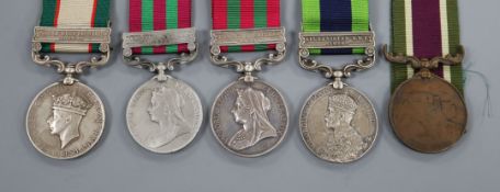 A group of five India medals comprising; India General Service 1895-1902 TO 369 Naick Dhan Bahadar
