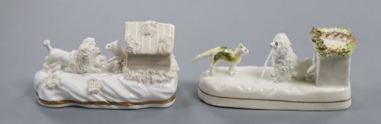 Two rare Staffordshire porcelain kennel groups of a cat confronting a dog, c.1835-50, L. 11.5cm