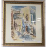 David Gilbo'a (1910-1976), watercolour, Street view of Jerusalem, with figures, circa 1950s, 56 x