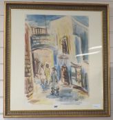 David Gilbo'a (1910-1976), watercolour, Street view of Jerusalem, with figures, circa 1950s, 56 x