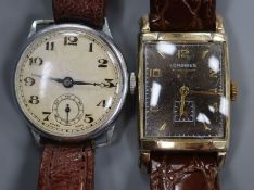 A gentleman's 10k filled Longines manual wind wrist watch with brown rectangular dial and one