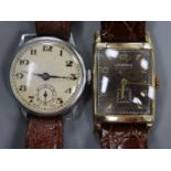 A gentleman's 10k filled Longines manual wind wrist watch with brown rectangular dial and one