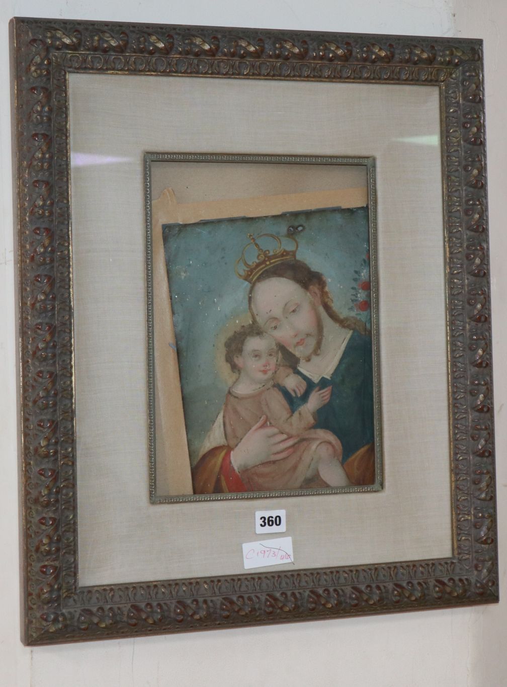 Cusco School, oil on metal panel, Christ holding a child, 32 x 22cm