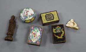 A group of Chinese enamel items including a box and cover, two cloisonne matchbox holders, one