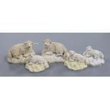 Five Samuel Alcock porcelain figures of sheep, c.1840-50, most with impressed numbers, L. 7cm -