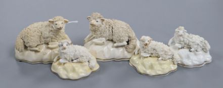 Five Samuel Alcock porcelain figures of sheep, c.1840-50, most with impressed numbers, L. 7cm -