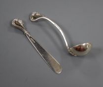 A modern silver ladle and latter opener by Sara Jones, London, 1994 & 1996, both with swan head