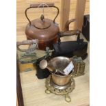 A copper kettle, two flat irons and sundry metalware