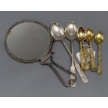 A set of six late Victorian ornate silver gilt teaspoons with vineous handles by Daniel & John