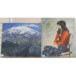 Rmizuno (Japanese School), 2 oils on canvas, View of a snowcapped mountain and Portrait of a