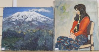 Rmizuno (Japanese School), 2 oils on canvas, View of a snowcapped mountain and Portrait of a