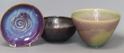 Delan Cookson (b. 1937), a studio pottery ovoid bowl with banded mottled glaze and two other