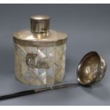 A late Victorian silver mounted mother of pearl oval tea caddy, Saunders & Shepherd, London 1896 and