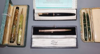 A Parker Duofold pen set, a Conway Stewart pen set, gold plated pencil and one other boxed Parker