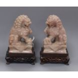 A pair of Chinese hardstone Buddhist lions, wood stands height 13cm