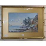 Eizo Kato, watercolour, Japanese coastal landscape, signed, 31 x 48cm