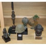 Two resin classical busts, tribal carving, metal head, metal seahorse and an Egyptian figure