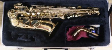 A cased Palatino saxophone