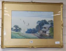 Eizo Kato, watercolour, Japanese coastal landscape, 31 x 49cm