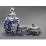 A Nanking blue and white tureen, a Chinese blue and white inverted pyriform vase and cover, Kangxi